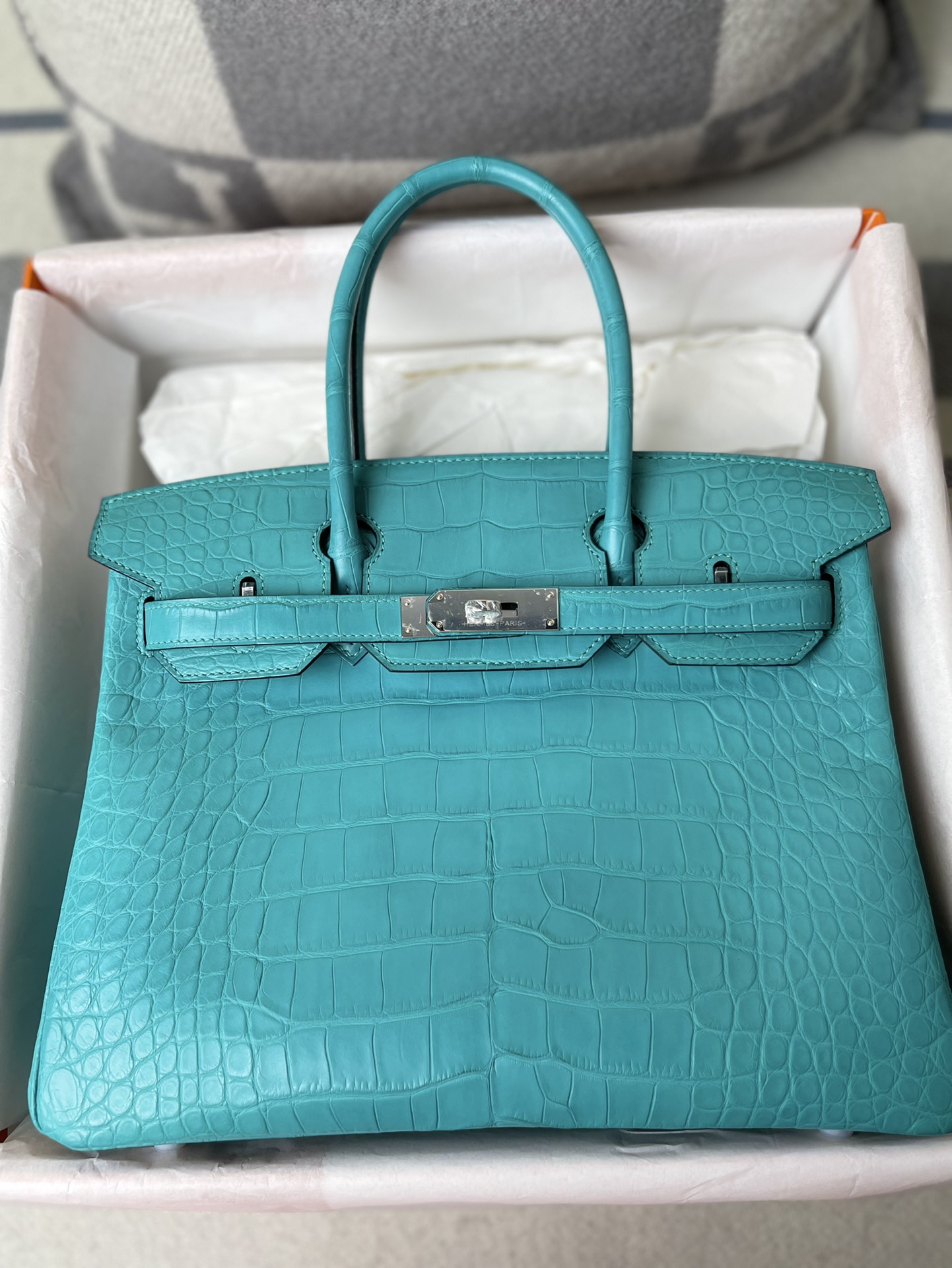 Hermes Birkin 30CM Handmade Bag In Blue Turquoise Crocodile Niloticus Matte Skin